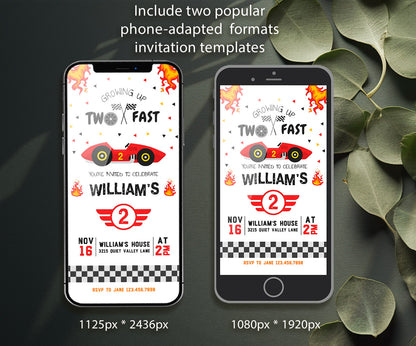 Race Car 2nd Bday Watercolor customizable invitation template | Share or Print | boy | TN151