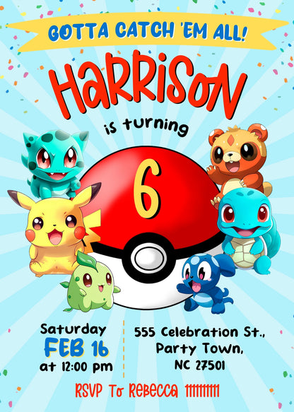 Pokemon Pikachu customizable invitation template | Share or Print | BW043