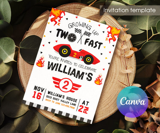 Race Car 2nd Bday Watercolor customizable invitation template | Share or Print | boy | TN151
