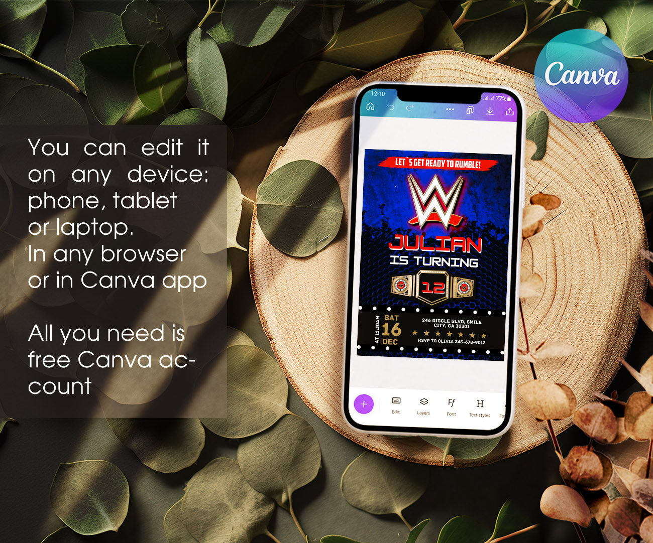 Wrestling WWE WrestleMania customizable invitation template | Share or Print | boy | PK342