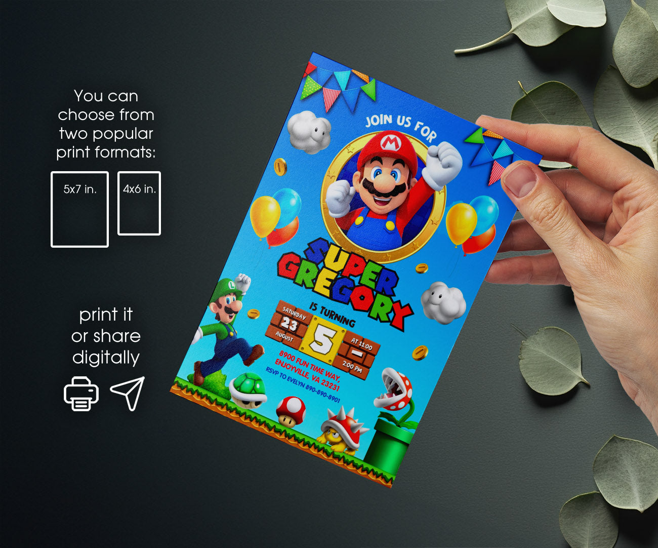 Super Mario Bros customizable invitation template | Share or Print | VV416