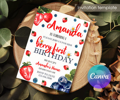 Berry First Birthday customizable invitation template | Share or Print | girl | GC920