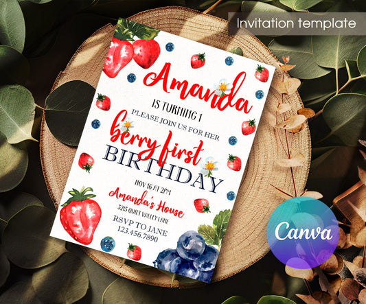 Berry First Birthday customizable invitation template | Share or Print | girl | GC920