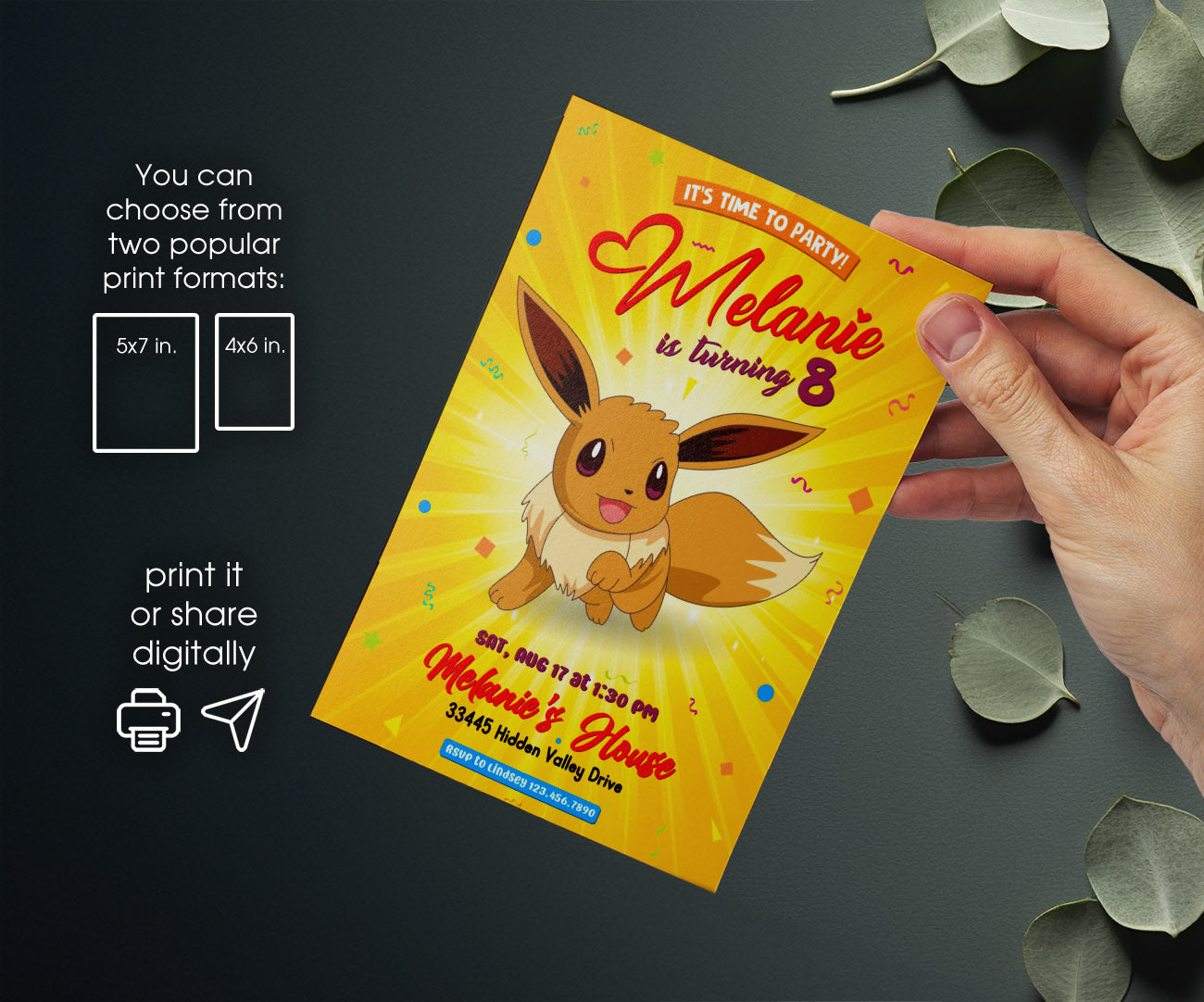 Eevee Pokemon Anime customizable invitation template | Share or Print | SX974