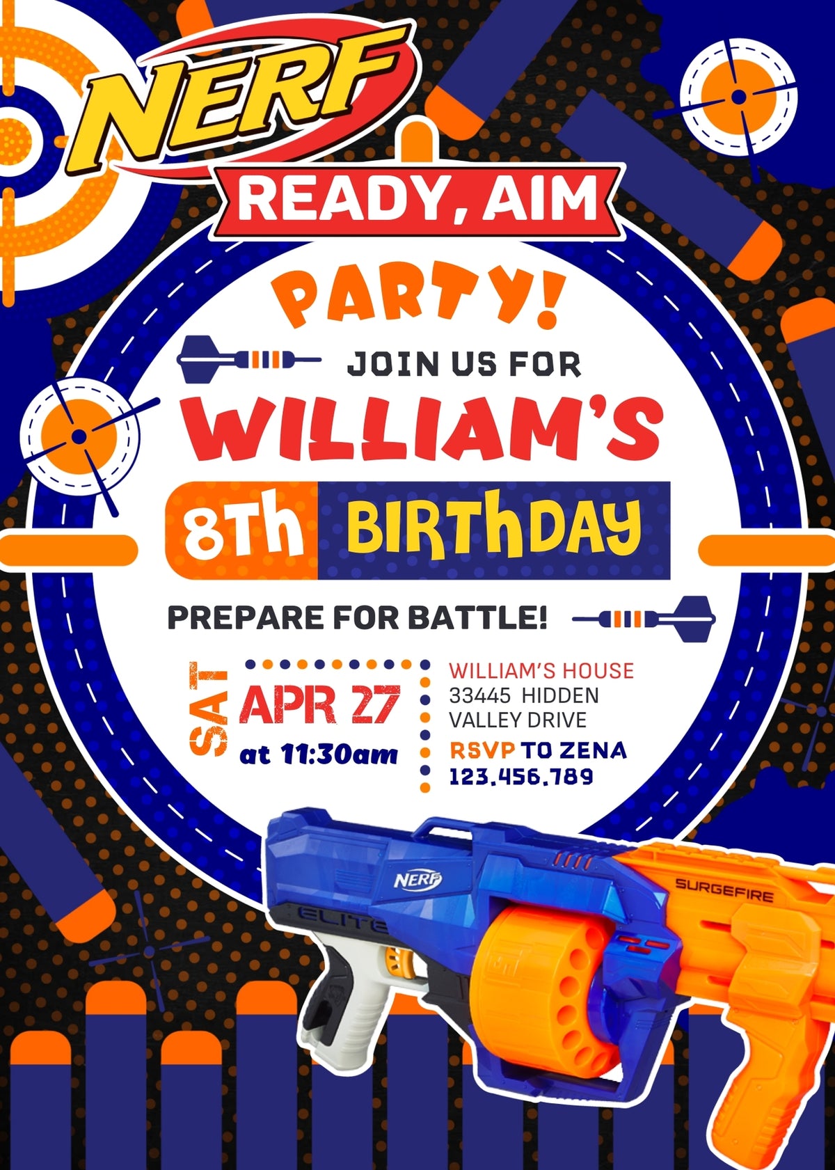 NERF Dart Wars customizable invitation template | Share or Print | boy | KB004