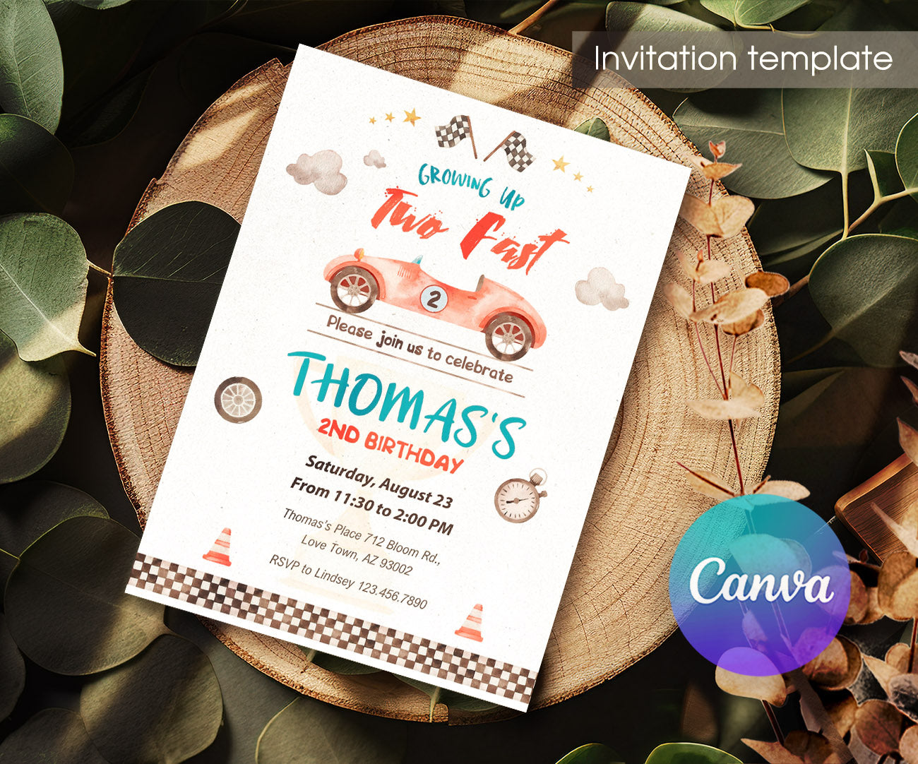 Race Car 2nd Bday Watercolor customizable invitation template | Share or Print | boy | LG319