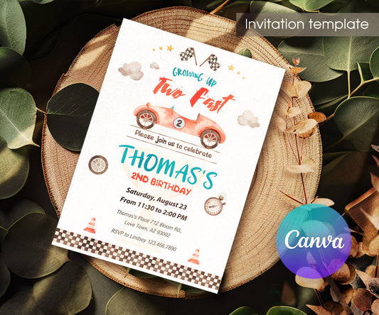 Race Car 2nd Bday Watercolor customizable invitation template | Share or Print | boy | LG319