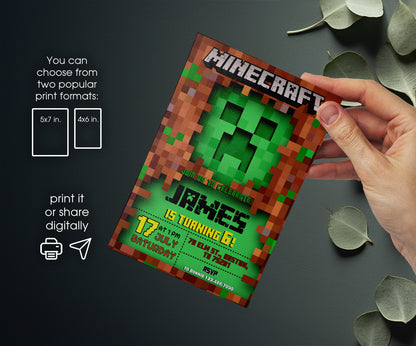 Minecraft Gamer customizable invitation template | Share or Print | VM868