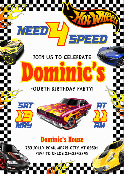 Hot Wheels Need Four Speed customizable invitation template | Share or Print | boy | YO264