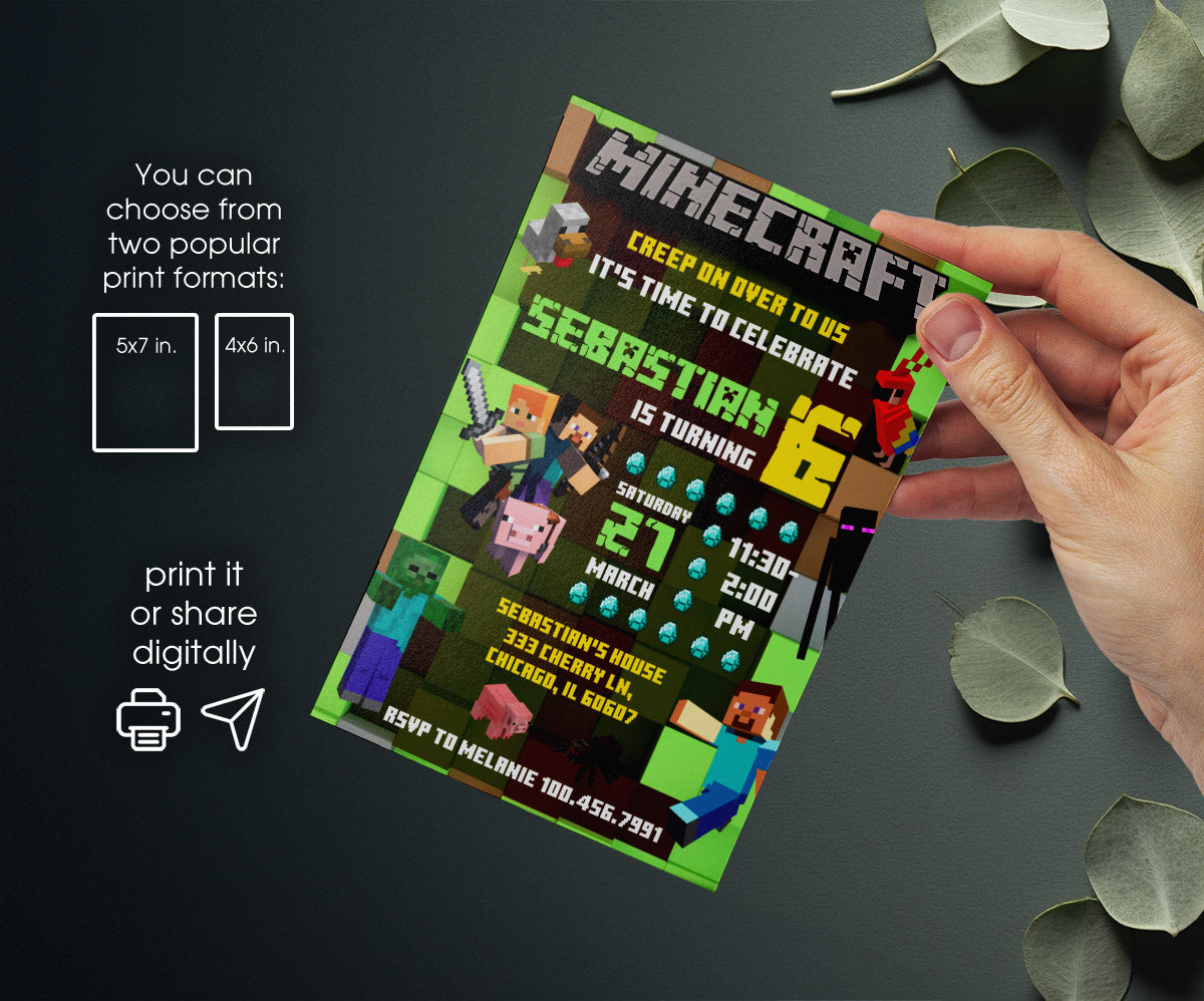 Minecraft Gamer customizable invitation template | Share or Print | NM866