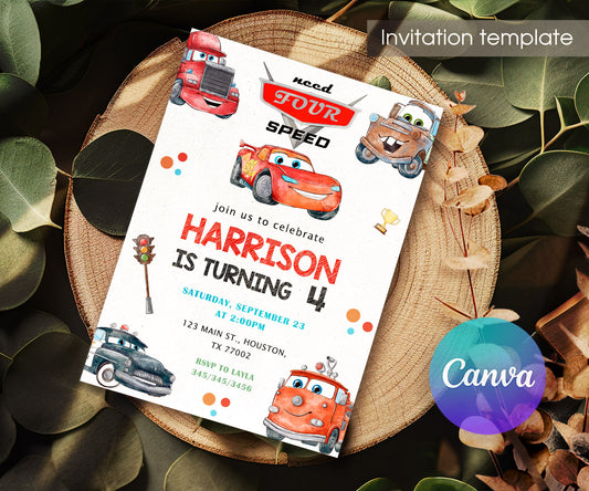 Cars Lightning Mcqueen Four customizable invitation template | Share or Print | boy | UJ289