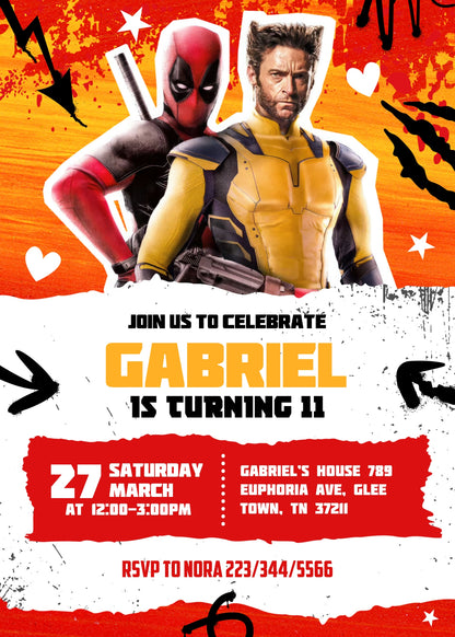Deadpool Wolverine Marvel customizable invitation template | Share or Print | boy | HL653