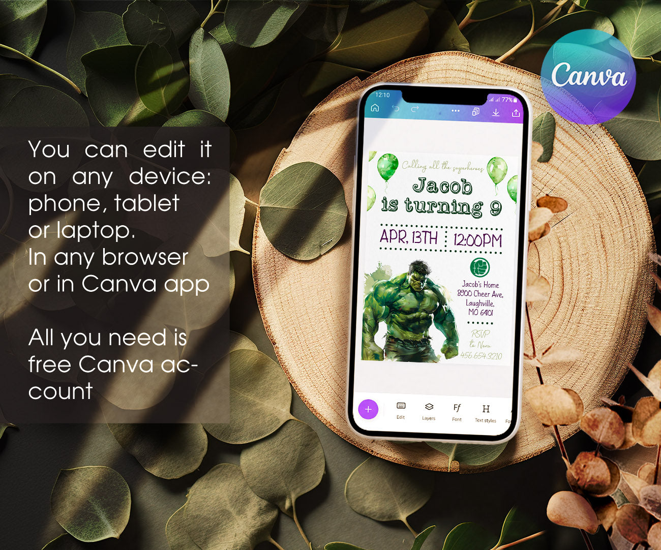Hulk The Avengers Marvel Superhero customizable invitation template | Share or Print | boy | GF473