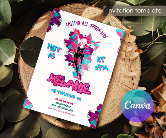 Spider Gwen Ghost Spidey customizable invitation template | Share or Print | girl | NY415