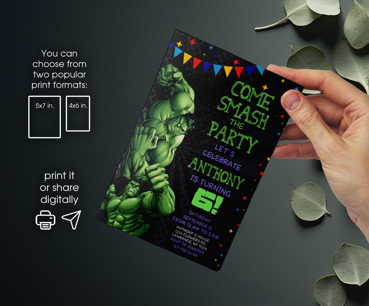 Hulk The Avengers Marvel Superhero customizable invitation template | Share or Print | boy | EM033
