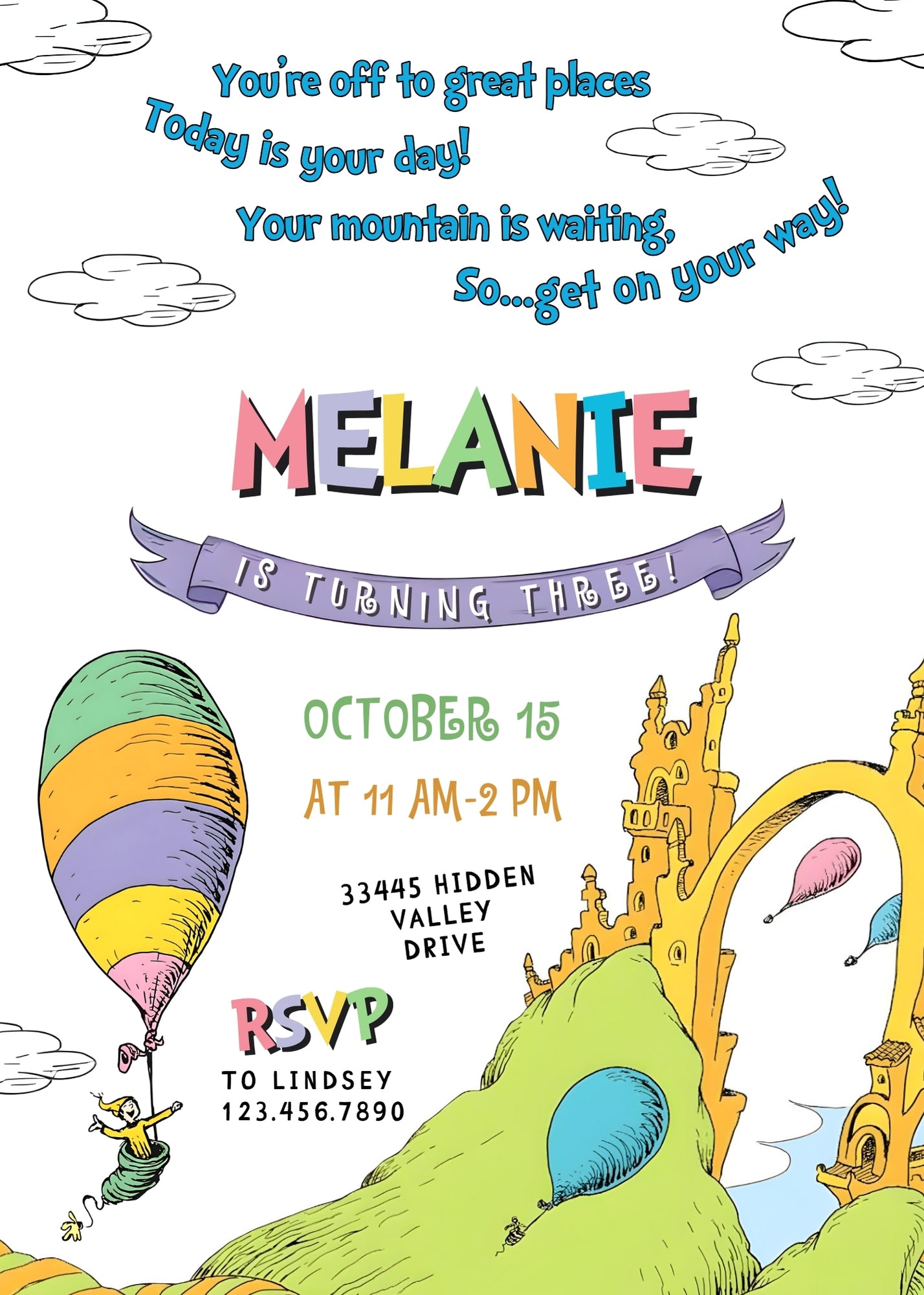 Dr Seuss Oh, the Places You'll Go customizable invitation template | Share or Print | DR262