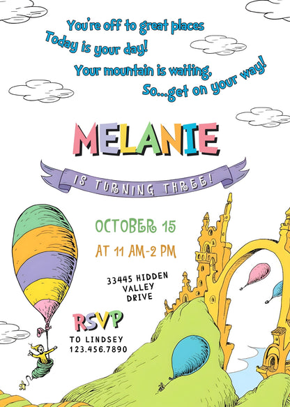 Dr Seuss Oh, the Places You'll Go customizable invitation template | Share or Print | DR262