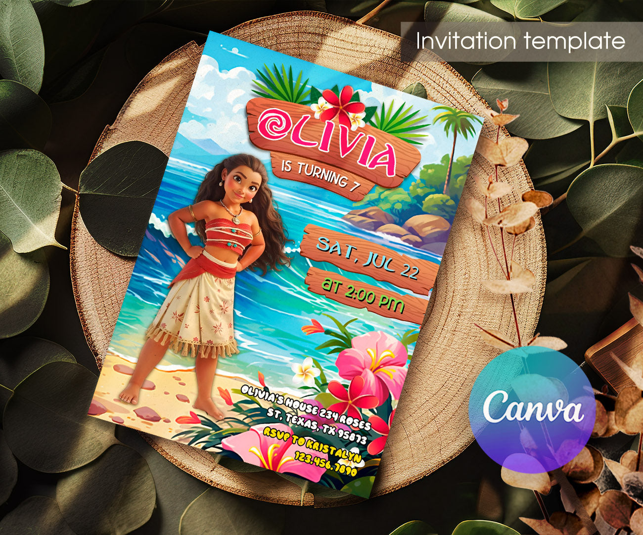 Moana Princess customizable invitation template | Share or Print | girl | YL766