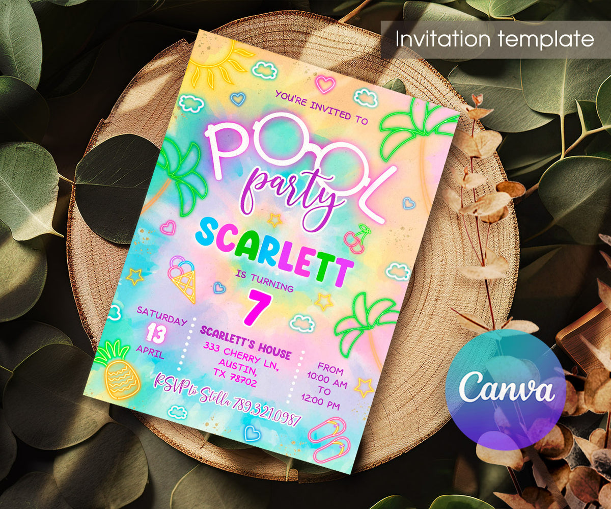 Neon Pool Party customizable invitation template | Share or Print | girl | DP361