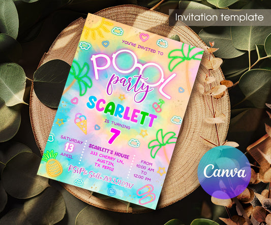 Neon Pool Party customizable invitation template | Share or Print | girl | DP361