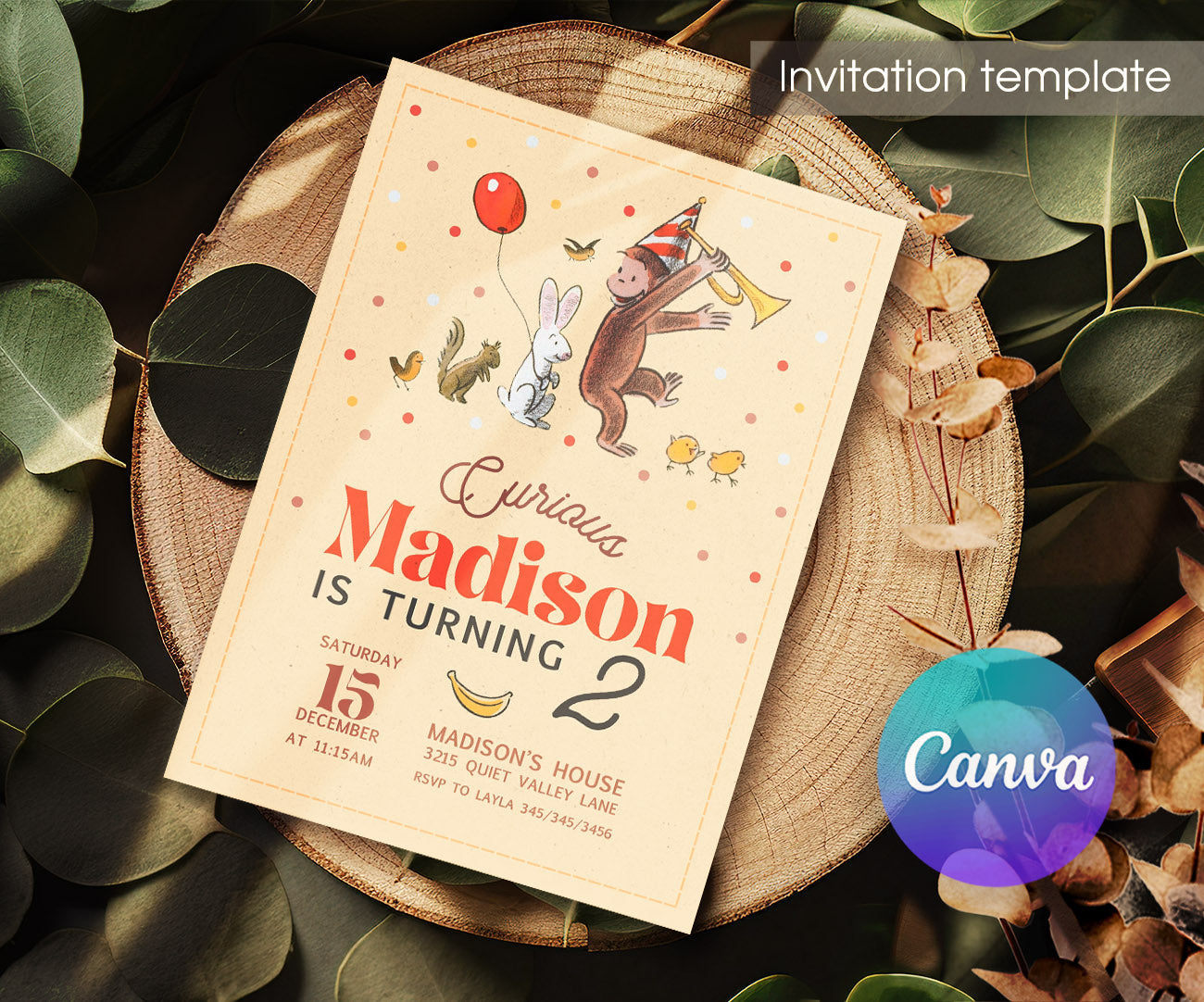 Curious George Monkey customizable invitation template | Share or Print | RD326