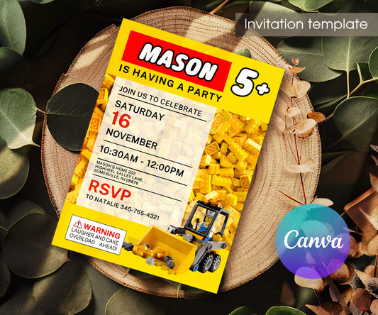 Lego Excavator customizable invitation template | Share or Print | boy | AK046