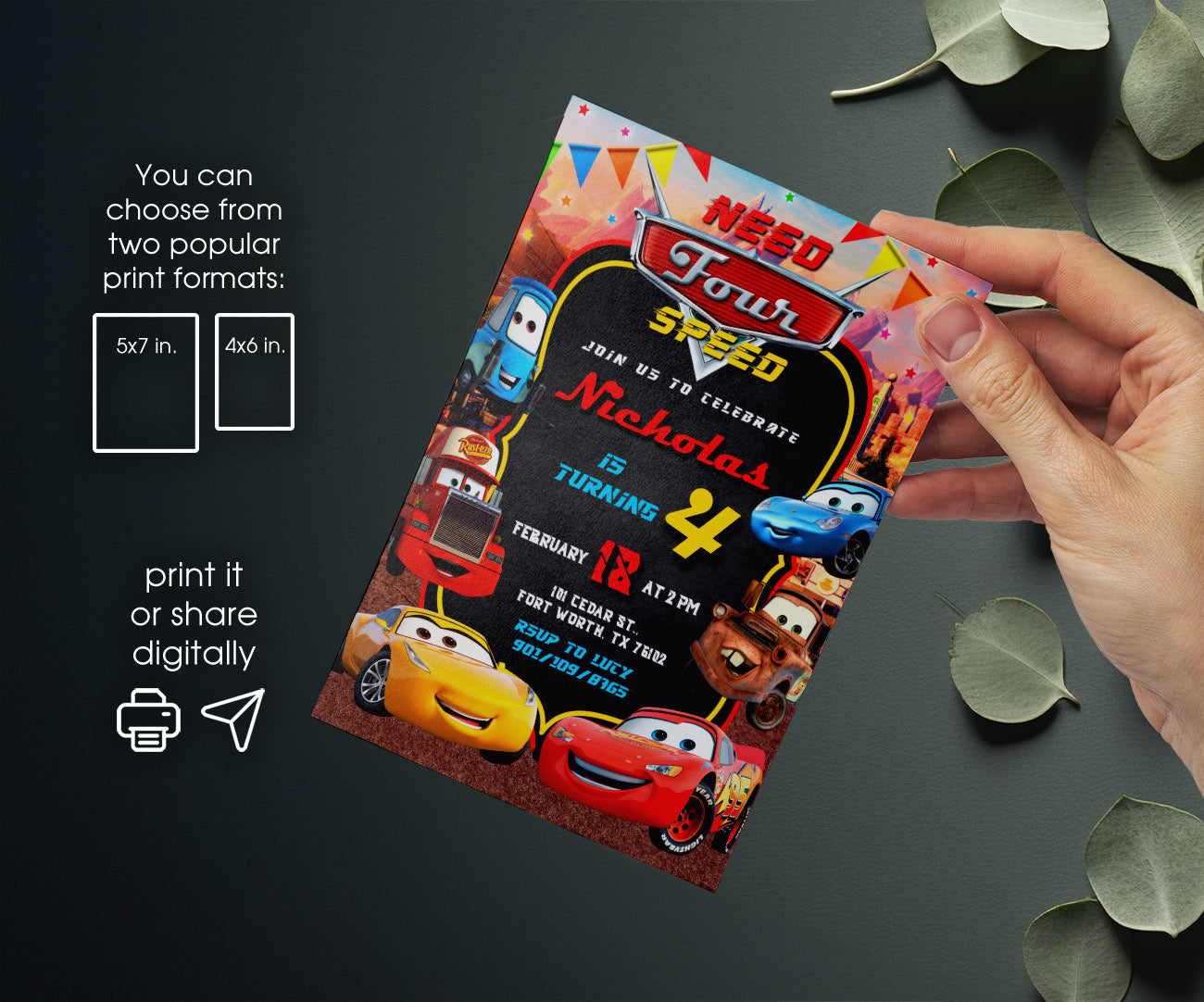 Cars Lightning Mcqueen Four customizable invitation template | Share or Print | boy | QT478
