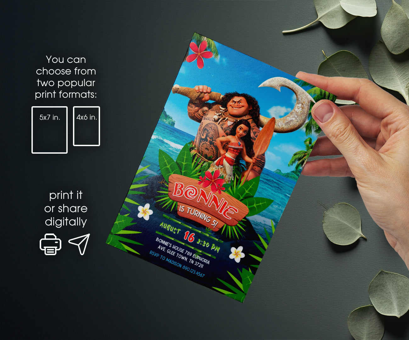Moana Princess customizable invitation template | Share or Print | girl | EH845