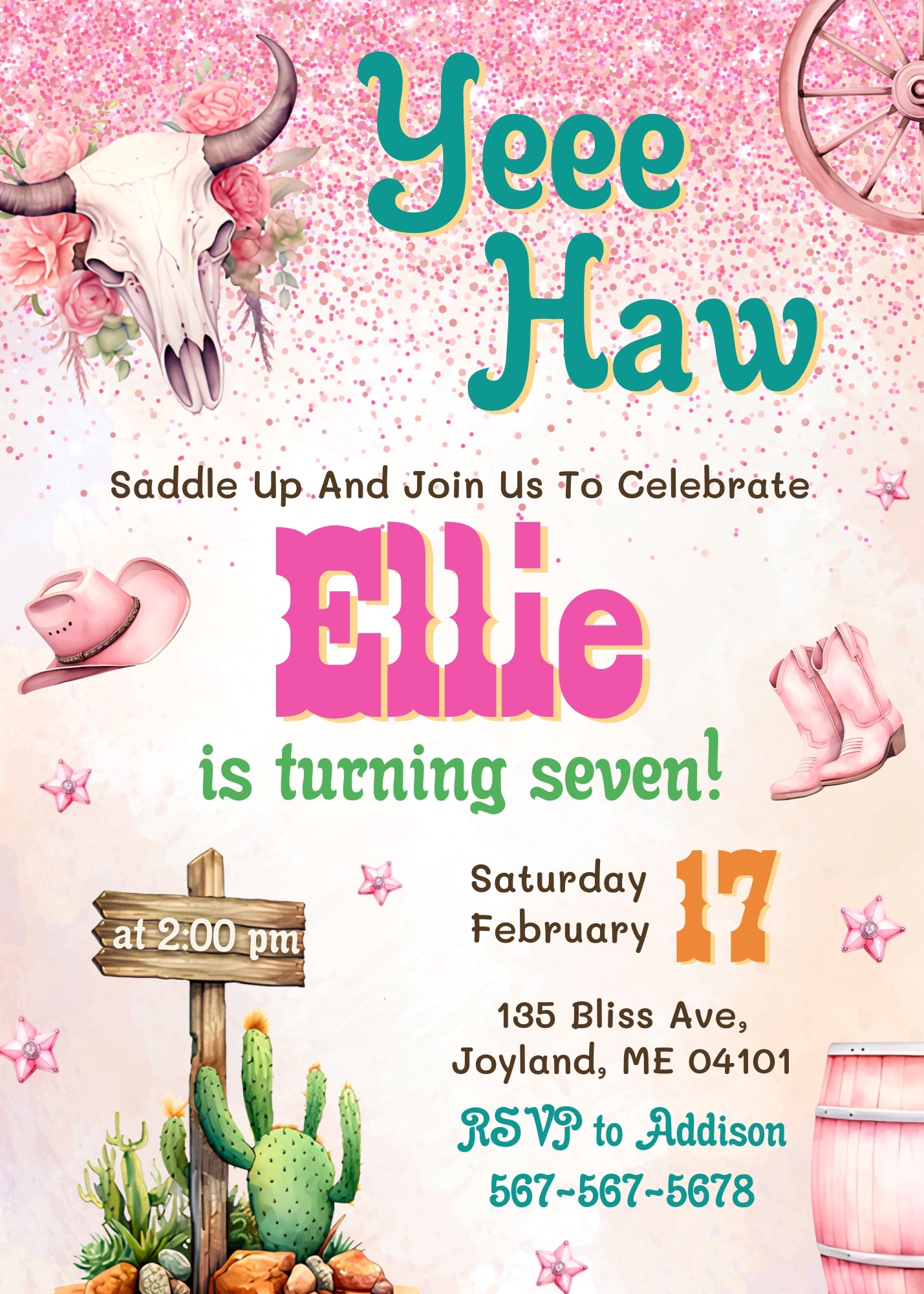 Cowgirl Pink Rodeo customizable invitation template | Share or Print | girl | VU876