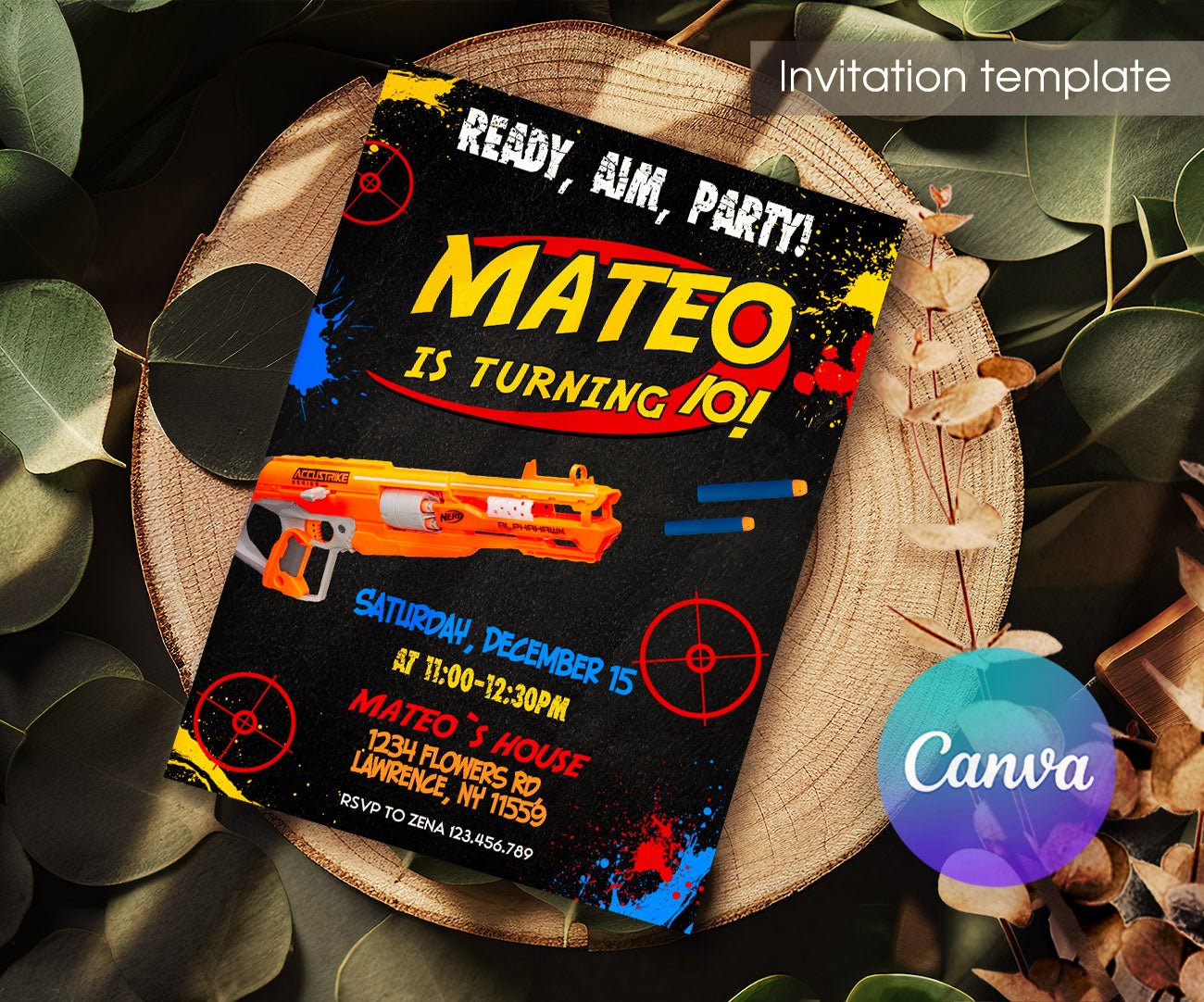 NERF Dart Wars customizable invitation template | Share or Print | boy | CM441