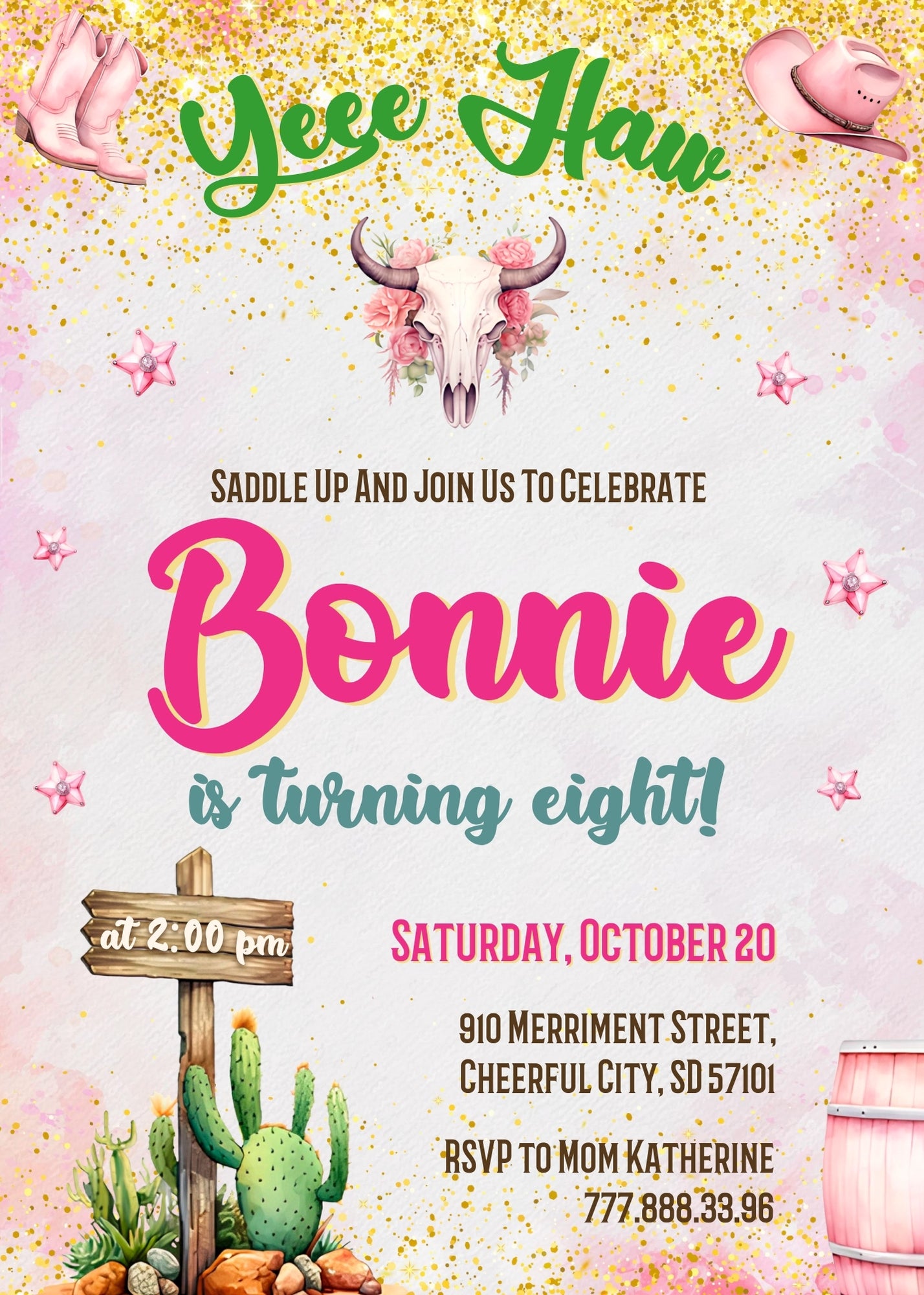 Cowgirl Pink Rodeo customizable invitation template | Share or Print | girl | QT976