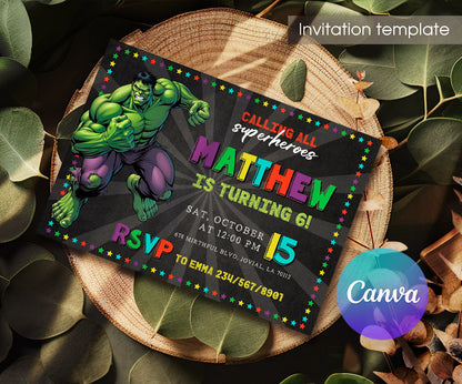Hulk The Avengers Marvel Superhero customizable invitation template | Share or Print | boy | EH604