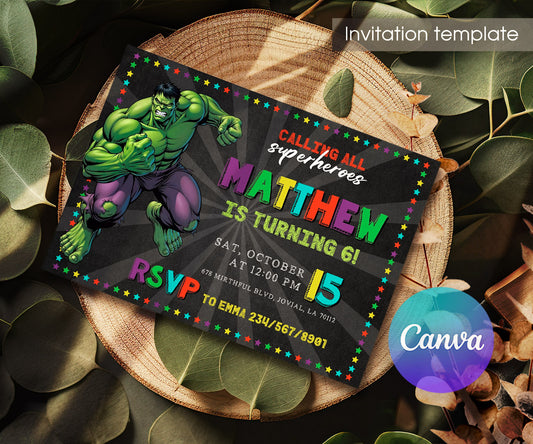 Hulk The Avengers Marvel Superhero customizable invitation template | Share or Print | boy | EH604