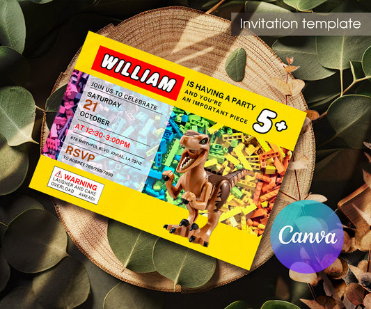 Lego Dinosaur T-Rex customizable invitation template | Share or Print | YR671