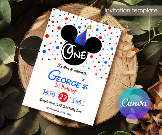 Mickey Mouse 1st Birthday customizable invitation template | Share or Print | MN423