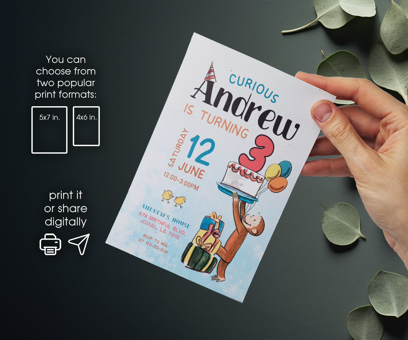 Curious George Monkey customizable invitation template | Share or Print | MJ321