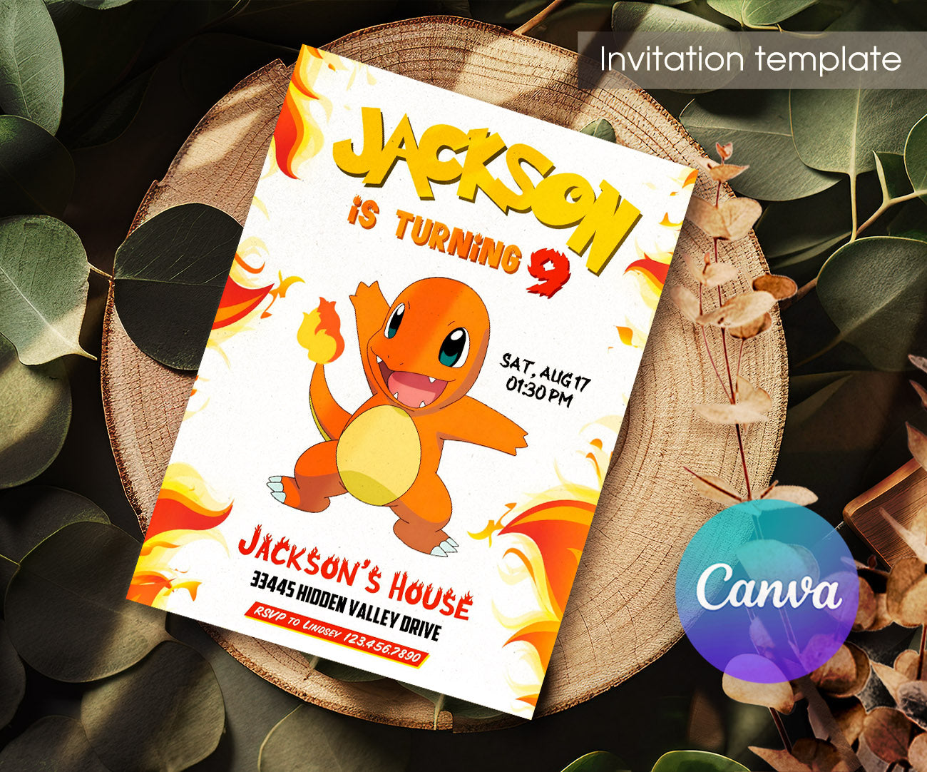 Charmander Pokemon Anime customizable invitation template | Share or Print | KL261