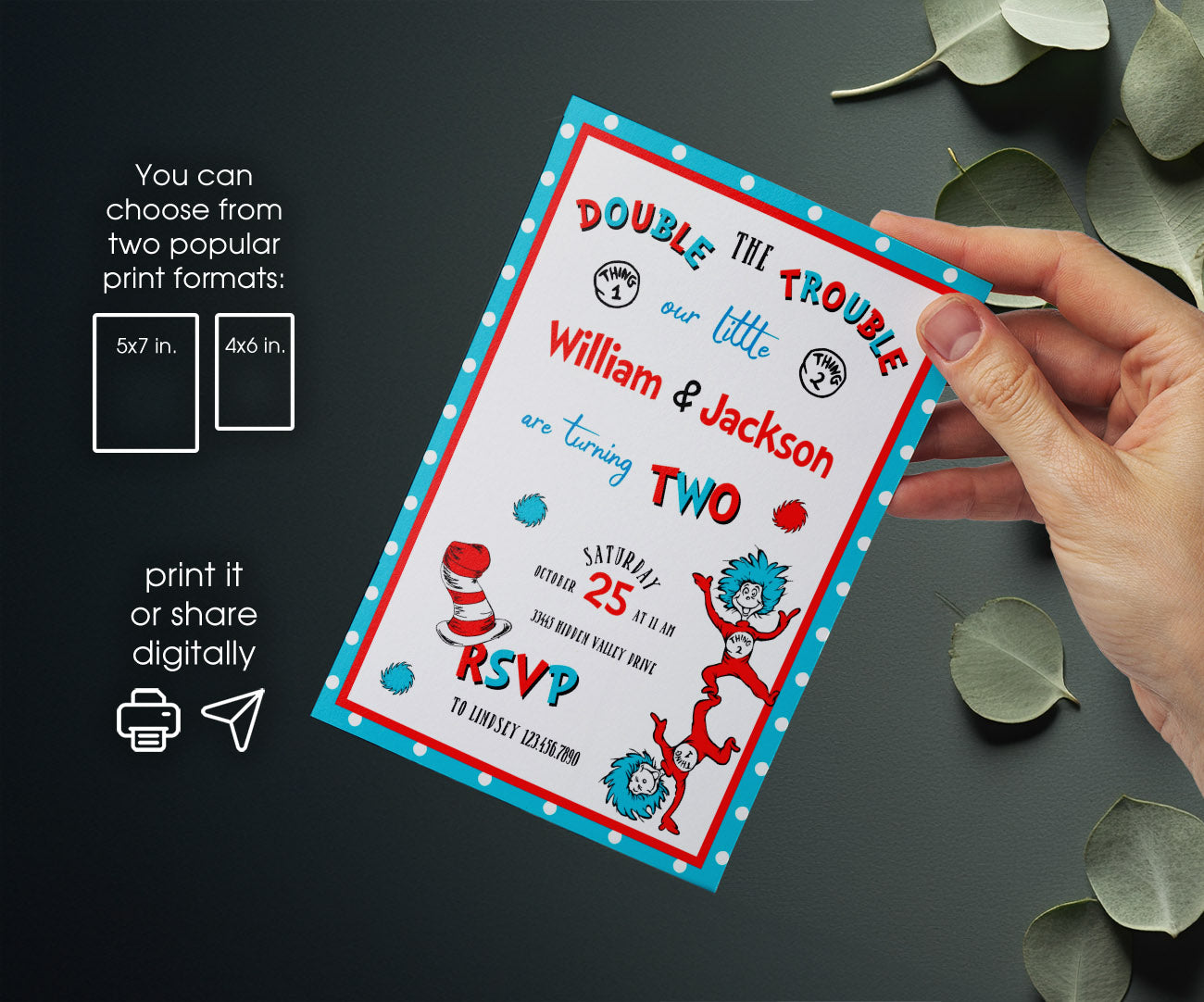 Dr Seuss The Cat in the Hat Twins customizable invitation template | Share or Print | NP088