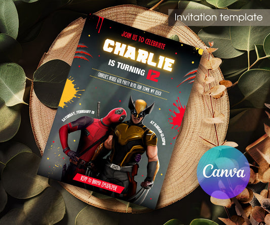 Deadpool Wolverine Marvel customizable invitation template | Share or Print | boy | EK329