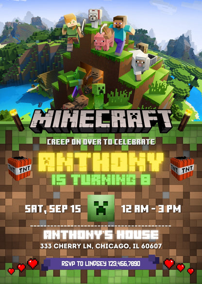 Minecraft Gamer customizable invitation template | Share or Print | WS589