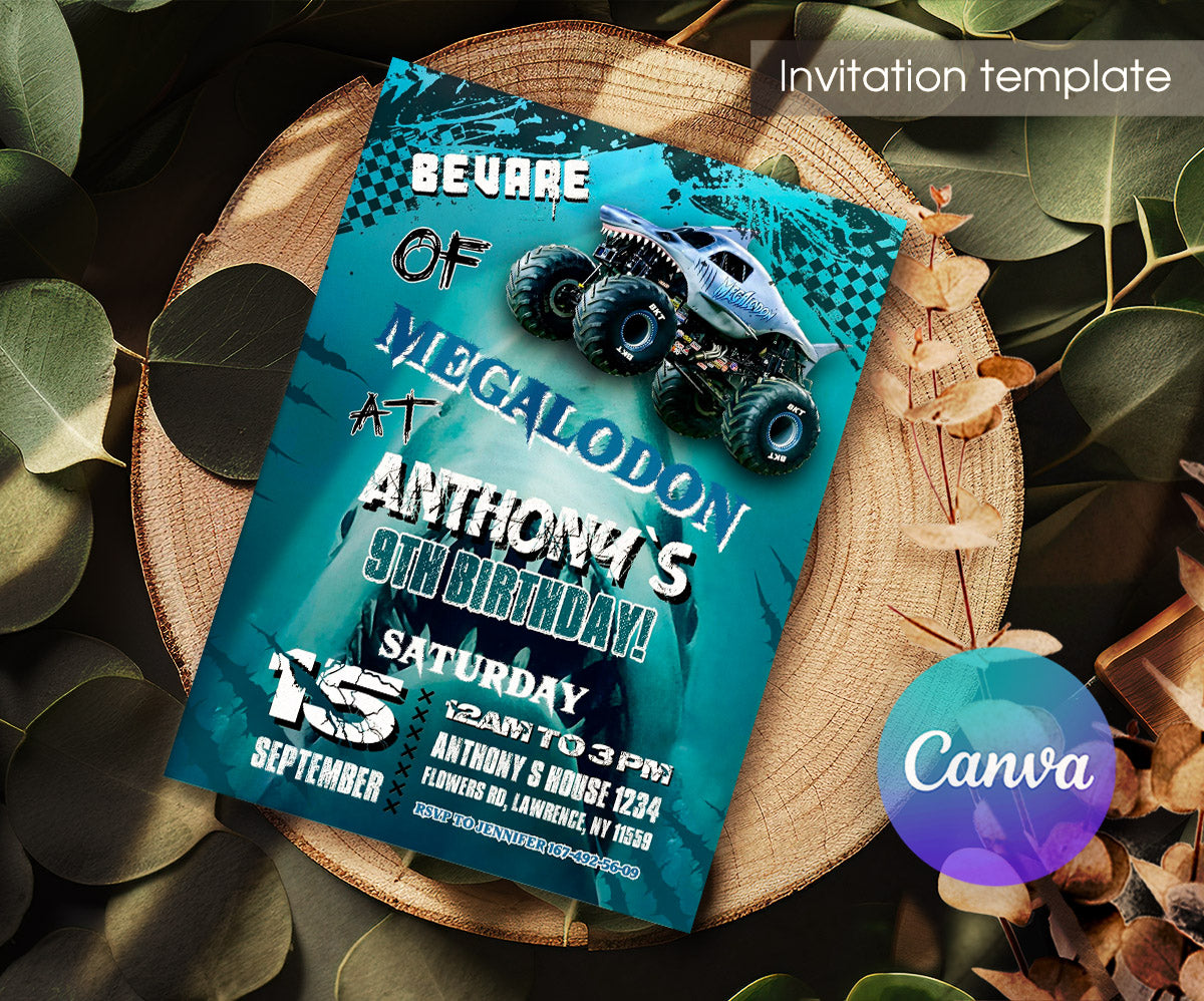 Megaldon Monster Jam Truck customizable invitation template | Share or Print | boy | VY175
