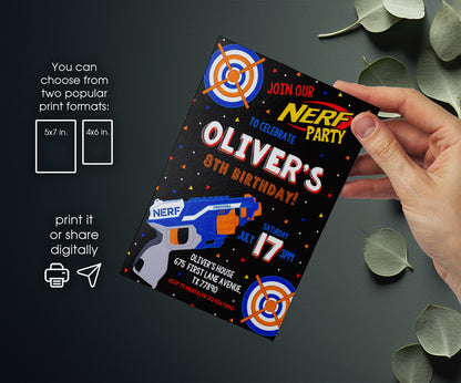NERF Dart Wars customizable invitation template | Share or Print | boy | BJ604