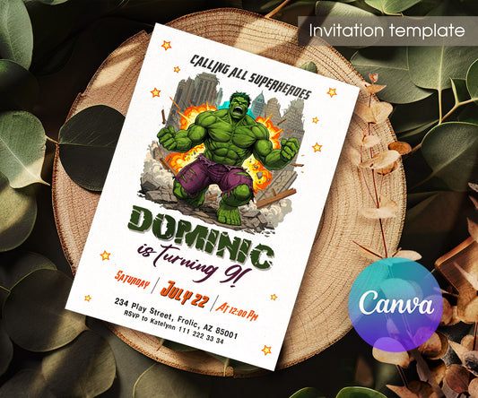Hulk The Avengers Marvel Superhero customizable invitation template | Share or Print | boy | NS010