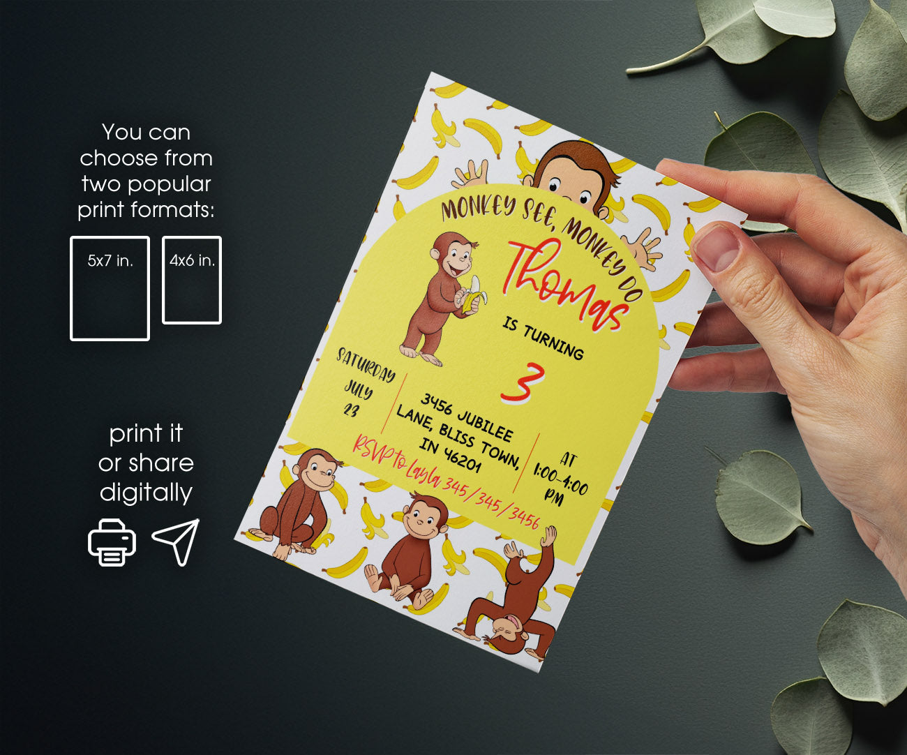 Curious George Monkey customizable invitation template | Share or Print | DT115