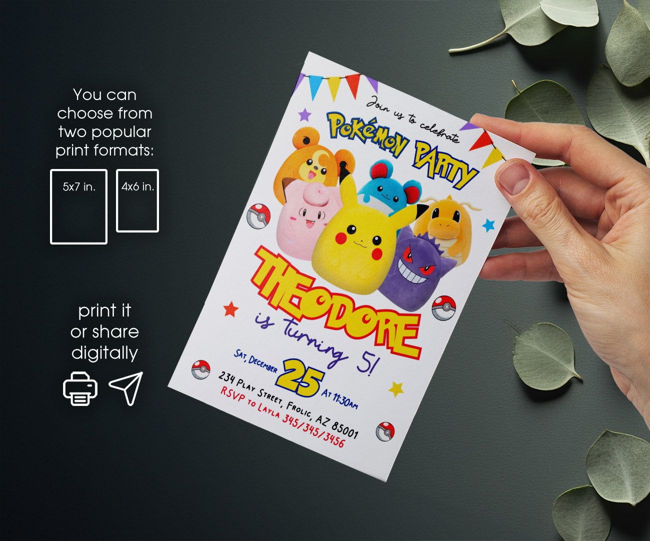 Squish Pokemon Pikachu customizable invitation template | Share or Print | BU103