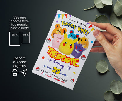 Squish Pokemon Pikachu customizable invitation template | Share or Print | BU103