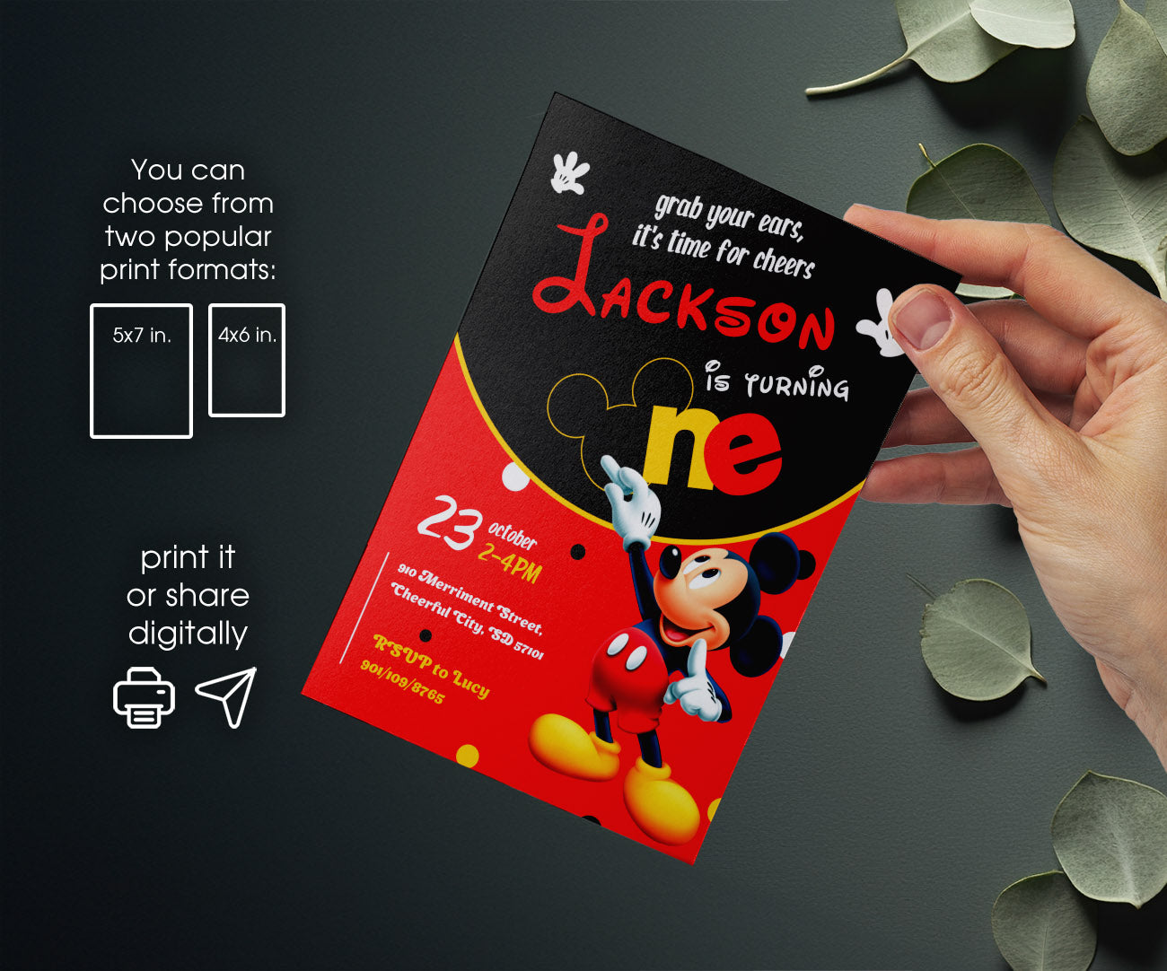 Mickey Mouse 1st Birthday customizable invitation template | Share or Print | ZG654