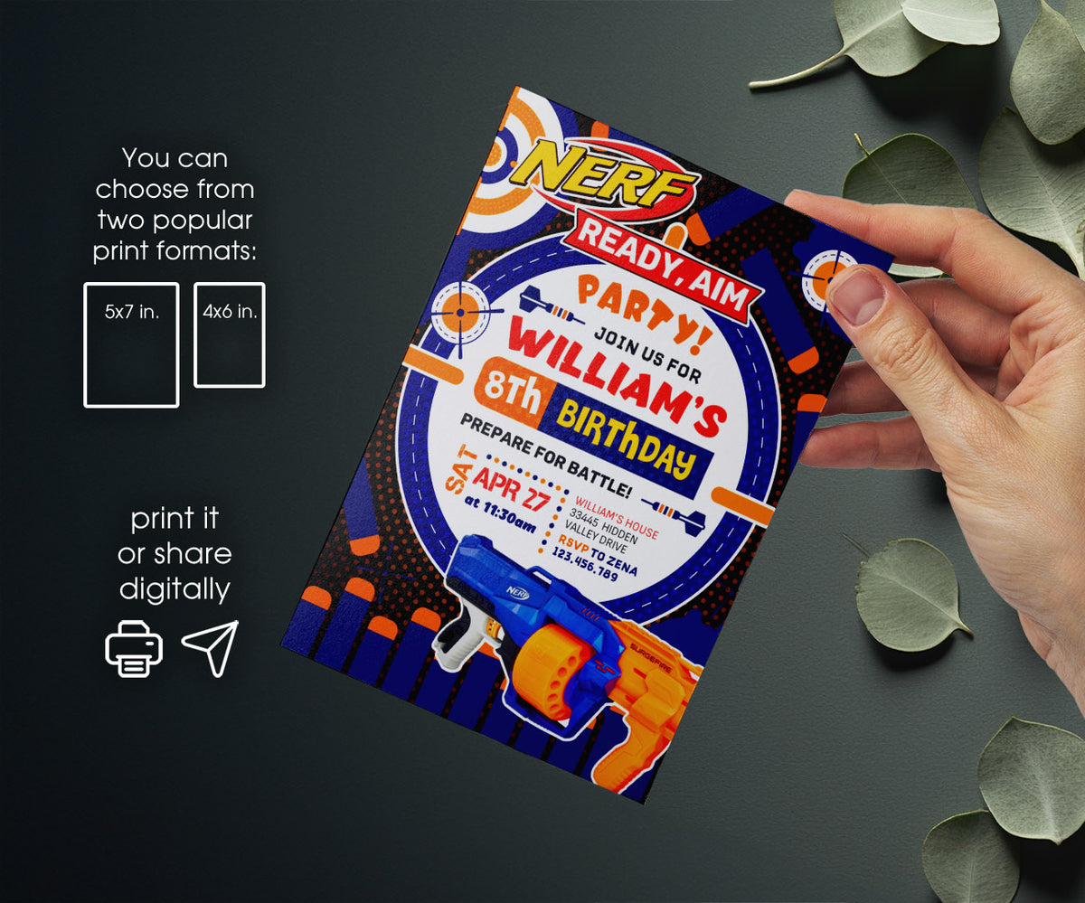 NERF Dart Wars customizable invitation template | Share or Print | boy | KB004
