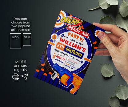 NERF Dart Wars customizable invitation template | Share or Print | boy | KB004