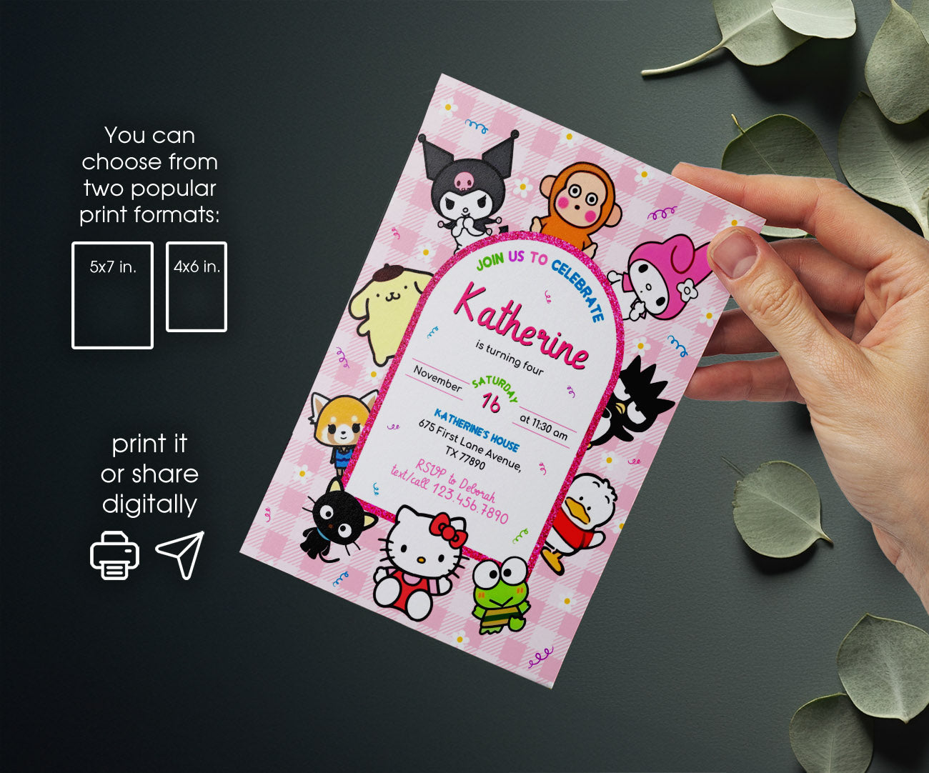 Hello Kitty Sanrio customizable invitation template | Share or Print | NS482